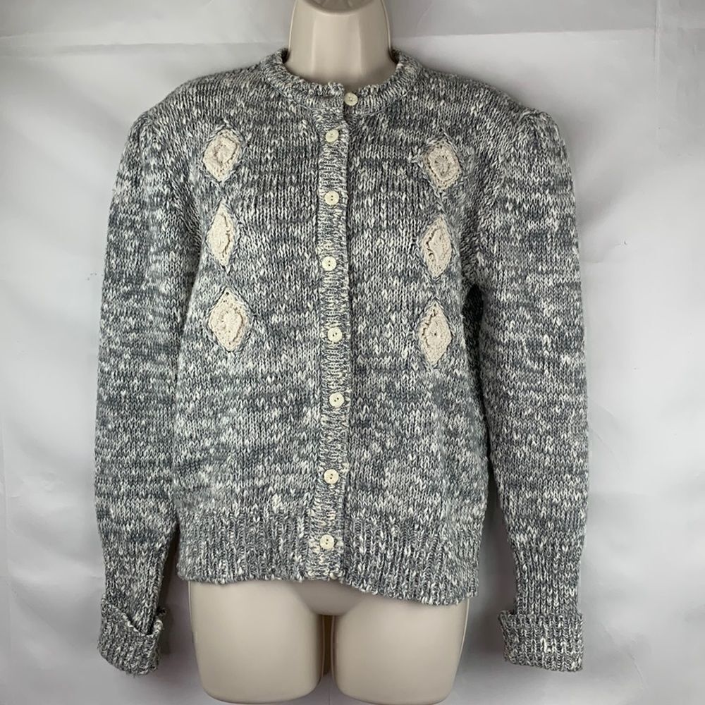 Abvien Cotton Blend Gray & Cream Cardigan with crochet details